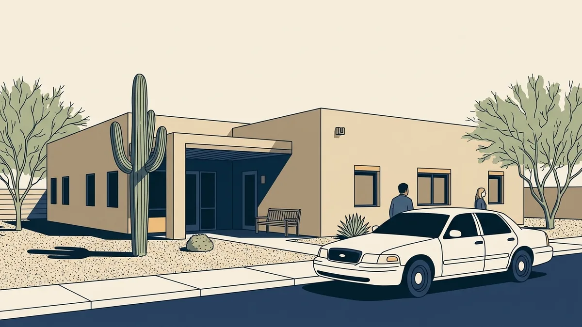 A single-story stucco outpatient behavioral health facility in the Phoenix area with desert landscaping and a state vehicle parked out front.
