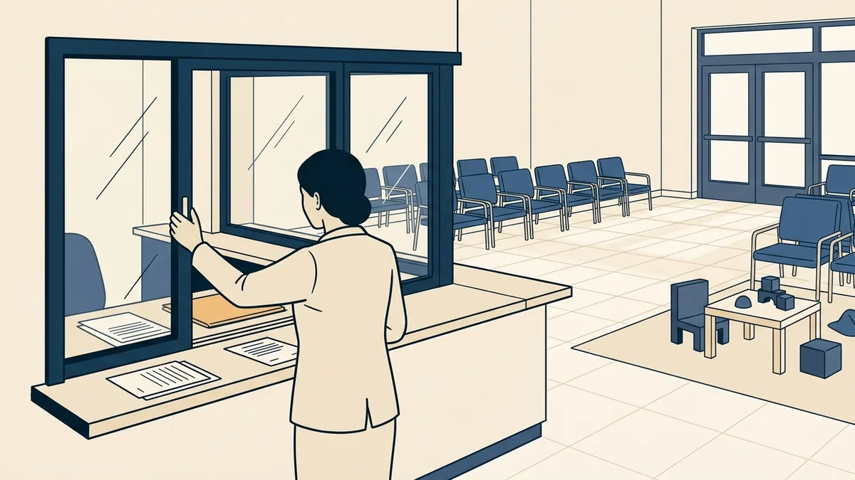 The front reception counter of a community mental health center at opening, a staff member sliding open a glass window above rows of empty chairs.