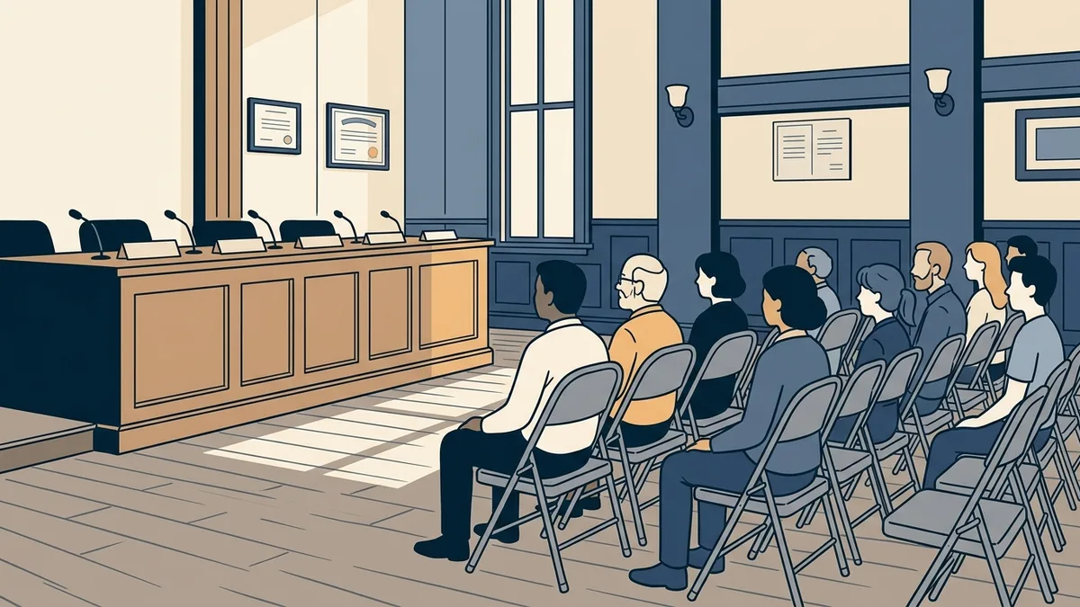 A county public hearing room with rows of folding chairs, a few residents seated, and an empty raised dais with microphones.