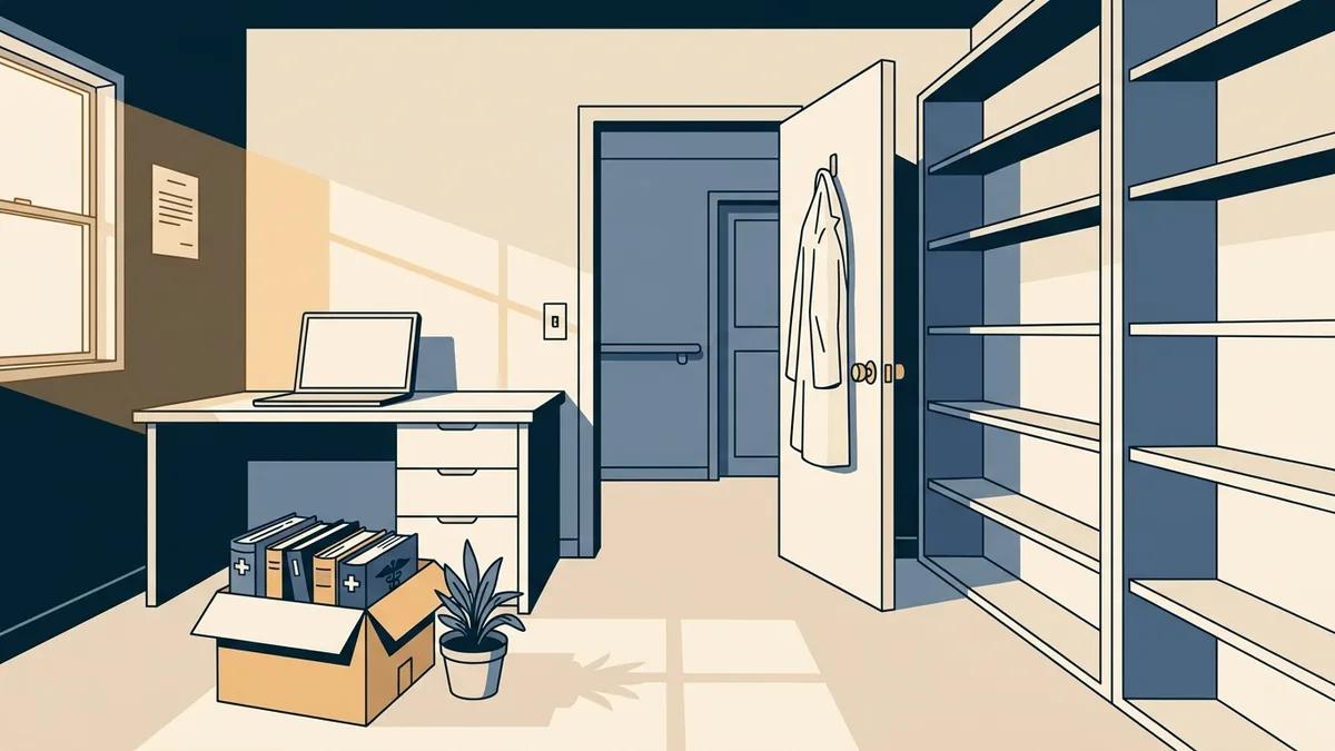 A white coat hanging on the back of an office door inside a clinic, with a moving box of medical books on the floor below it.