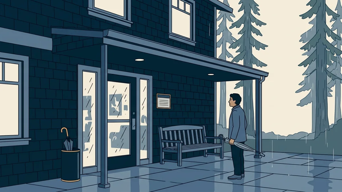 A behavioral health agency office in a Pacific Northwest town on a rainy day, seen from the covered entrance.