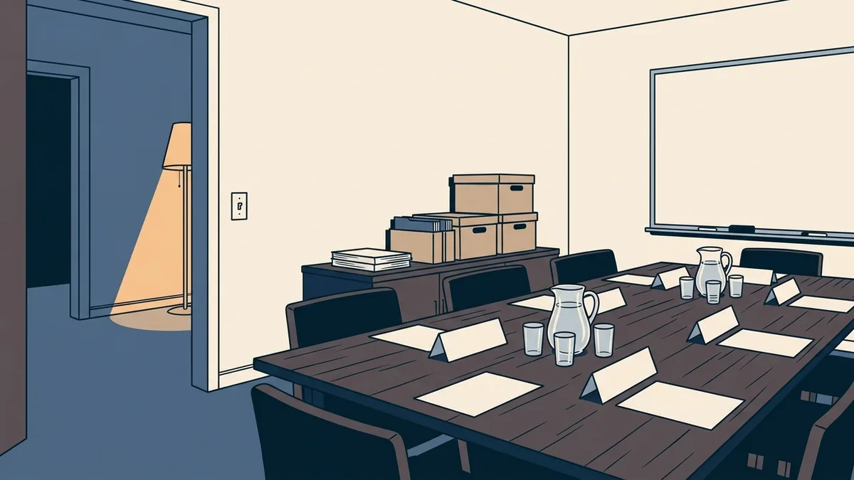 A small clinic conference room set up for visiting surveyors, with blank name tents, water pitchers and lidded file boxes on a side table.