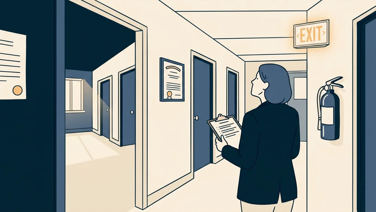 A state licensing surveyor checking an exit sign and fire extinguisher in the hallway of an outpatient treatment program.