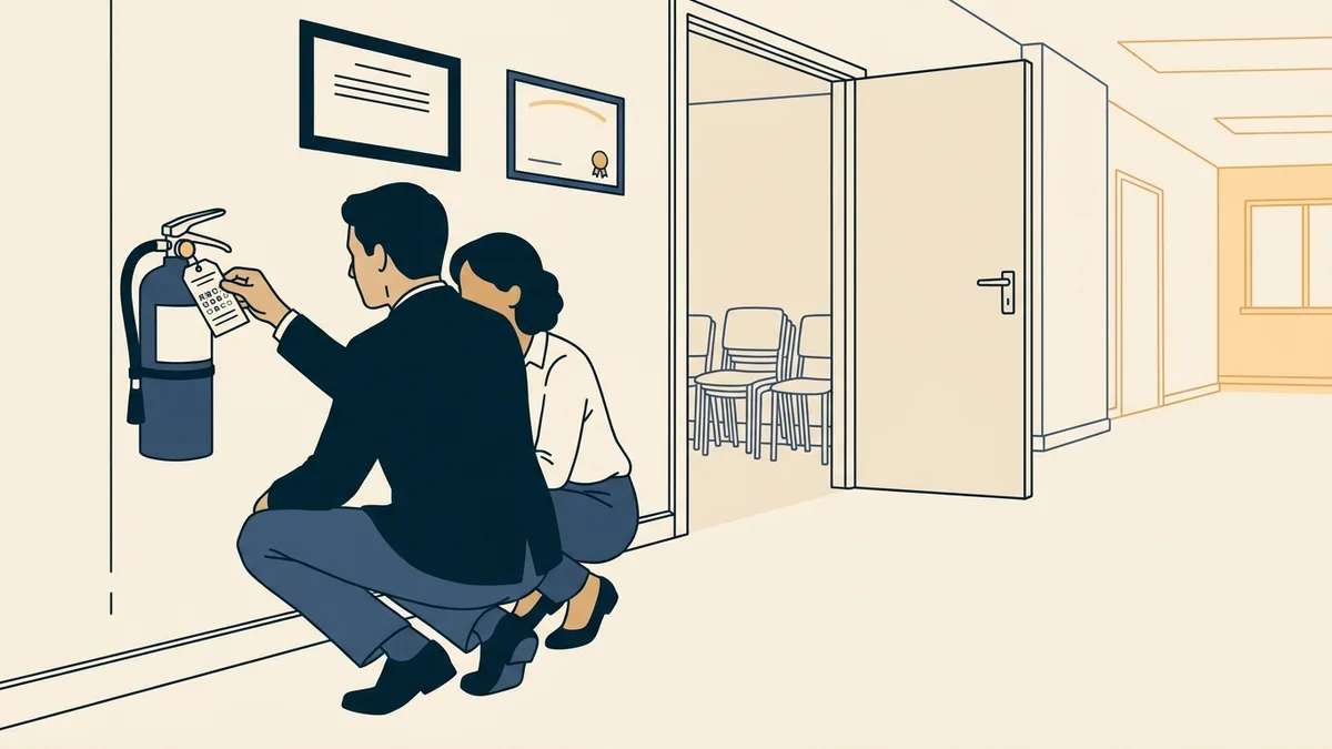 Two people checking the inspection tag on a fire extinguisher in the hallway of an outpatient treatment clinic.