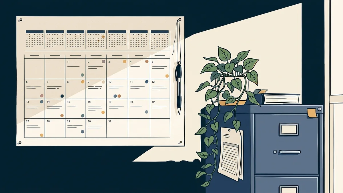A large paper wall calendar in a clinic administrator's office with colored dot stickers marking dates and a pen hanging on a string.