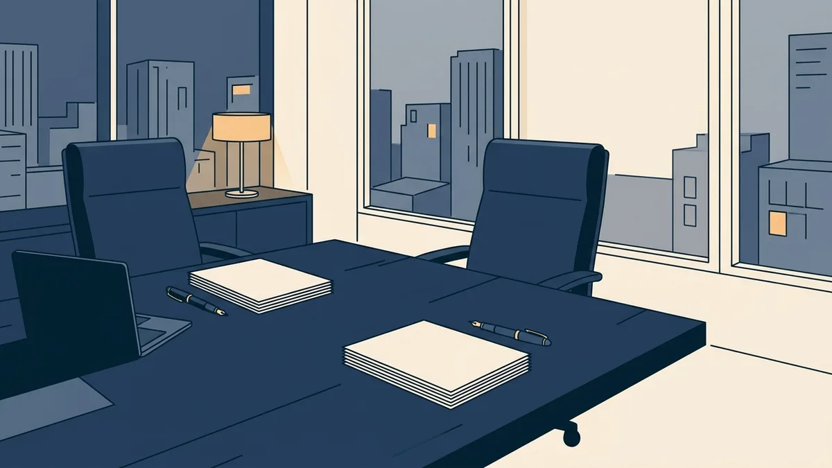 A boardroom table set for a closing, with neat stacks of documents, uncapped pens and two empty chairs facing each other.