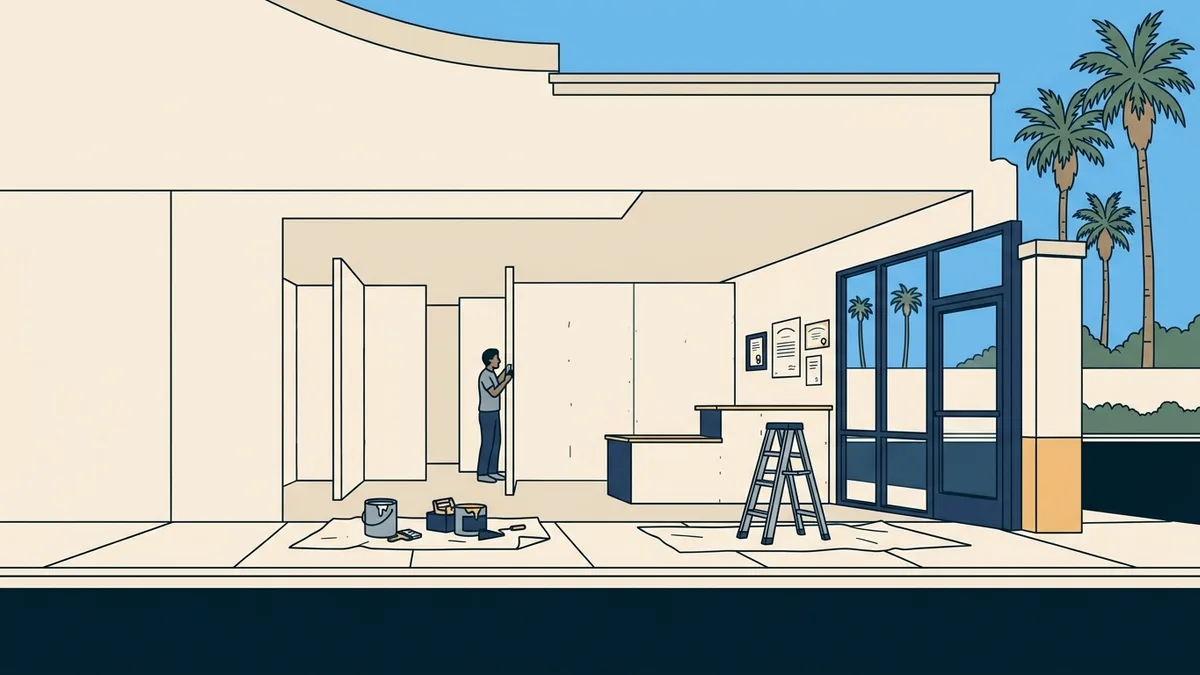 A strip-mall storefront in California being fitted out as an outpatient treatment clinic, with new interior walls and a reception counter under construction.