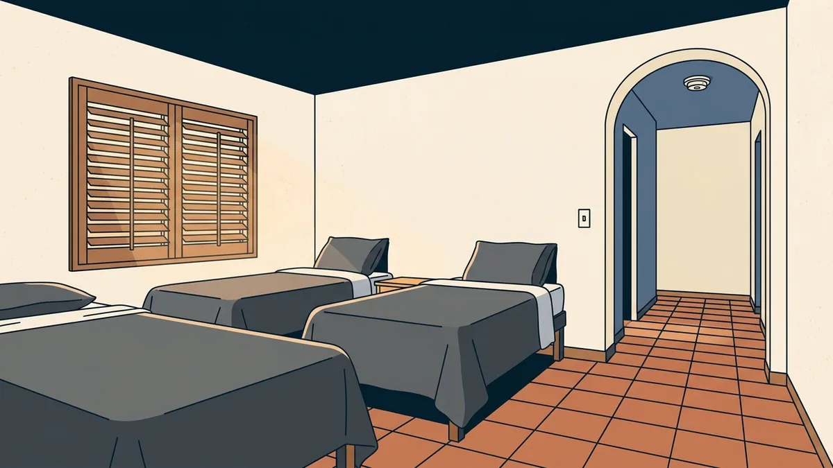 A Spanish-style house in inland California prepared as a residential treatment facility, with a tidy shared bedroom and a hallway smoke detector.