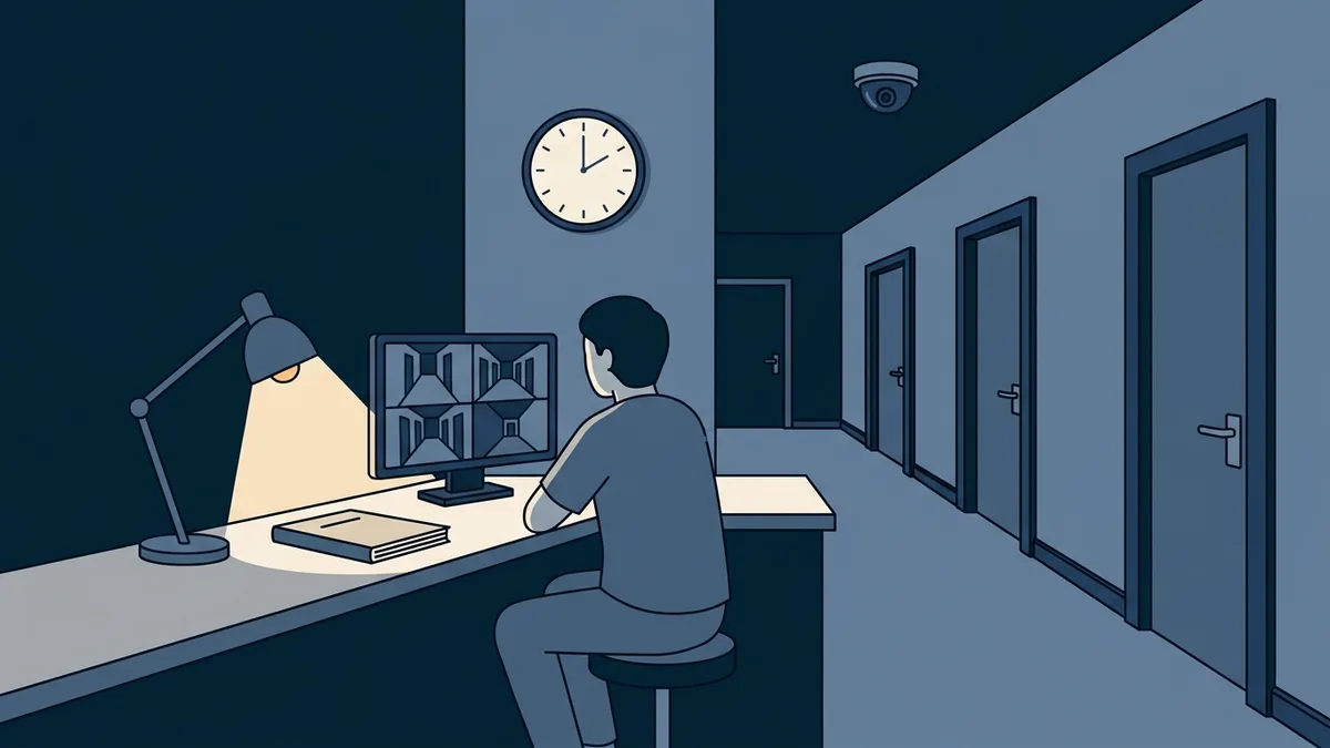 An awake-night staff station in a residential treatment program late at night, with a monitor desk facing a hallway of bedrooms.