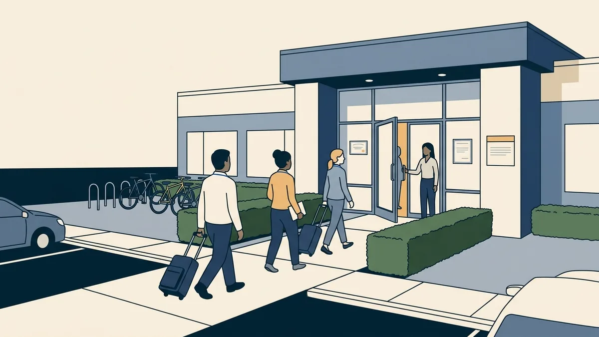 Three accreditation surveyors with rolling bags arriving at the glass front entrance of a single-story outpatient treatment clinic.