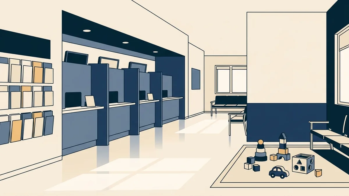The bright, empty lobby of a community behavioral health clinic with a family play corner, a check-in counter and a wall of brochure racks.