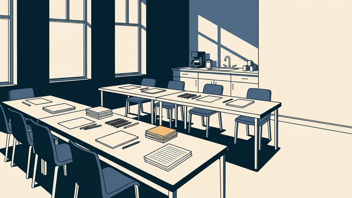 A day program room at a community mental health center with art supplies laid out on long tables and chairs pushed in, afternoon light through the windows.