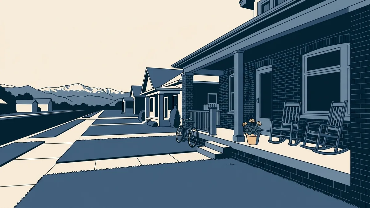 The front porch of a Denver bungalow used as a recovery residence, with mountains in the distance.