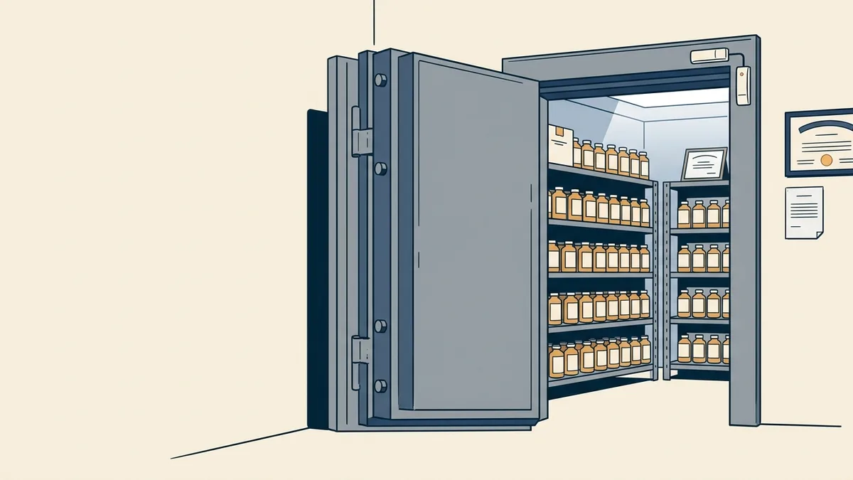 A heavy steel narcotics vault door standing open inside a locked medication room at an opioid treatment clinic, with stock bottles on shelves inside.
