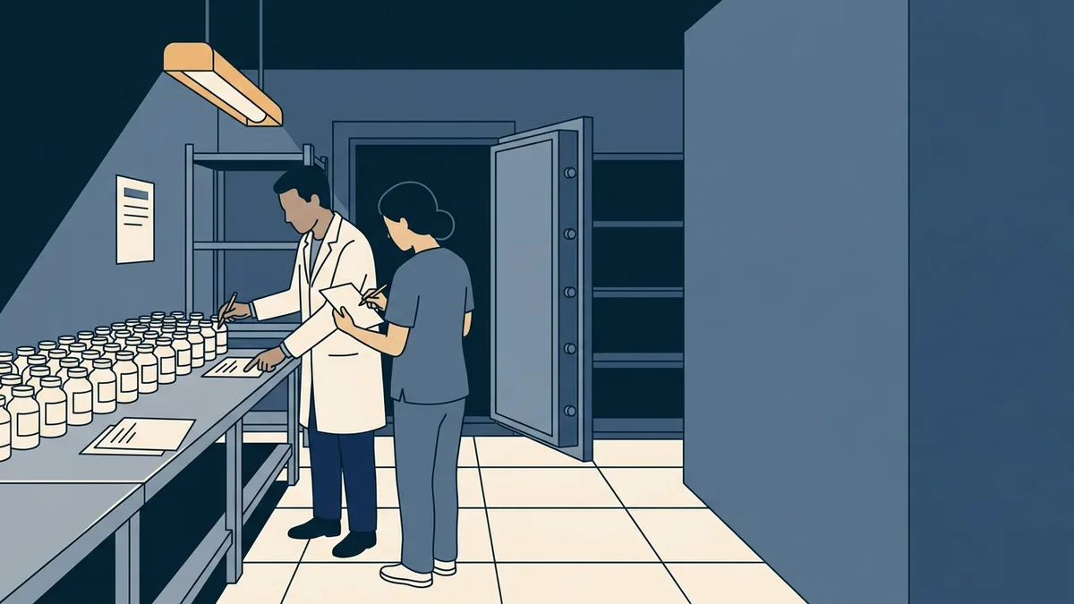 A pharmacist and a nurse counting methadone stock bottles together on a stainless steel counter inside a clinic vault room.
