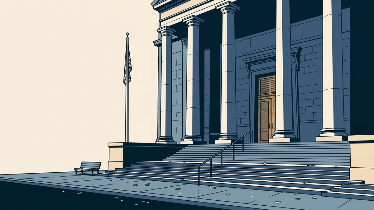 The columned entrance and wide stone steps of a federal courthouse on an overcast morning.