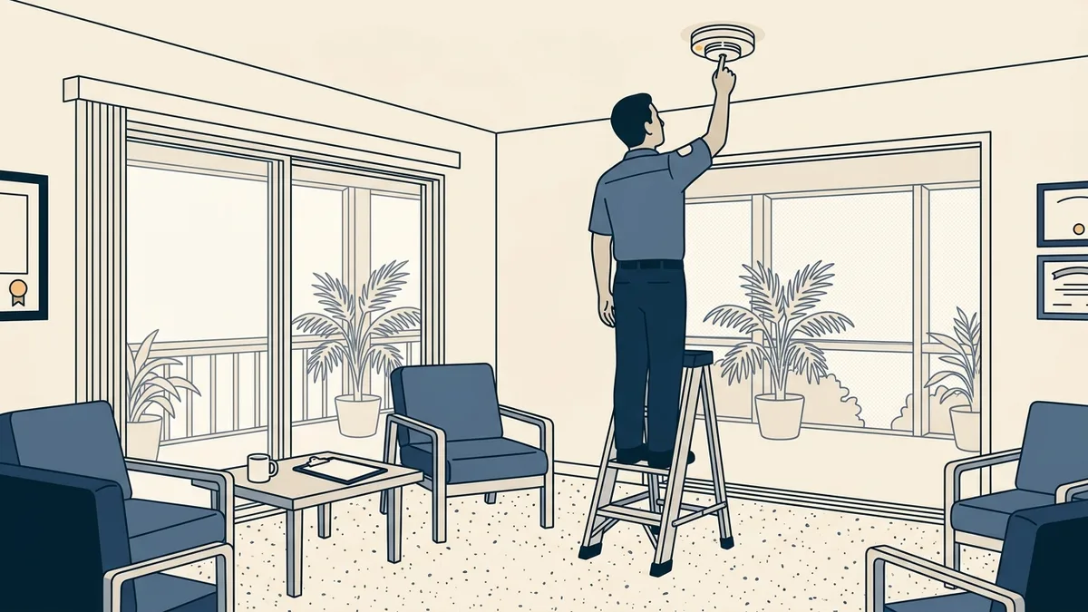 A fire marshal testing a smoke detector in the common room of a Florida treatment program building before a licensing inspection.