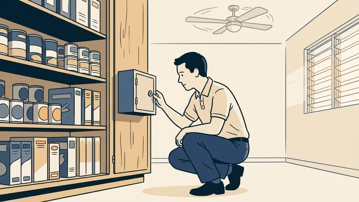 A credentialing inspector checking a locked medication box in the pantry of a Florida recovery residence.