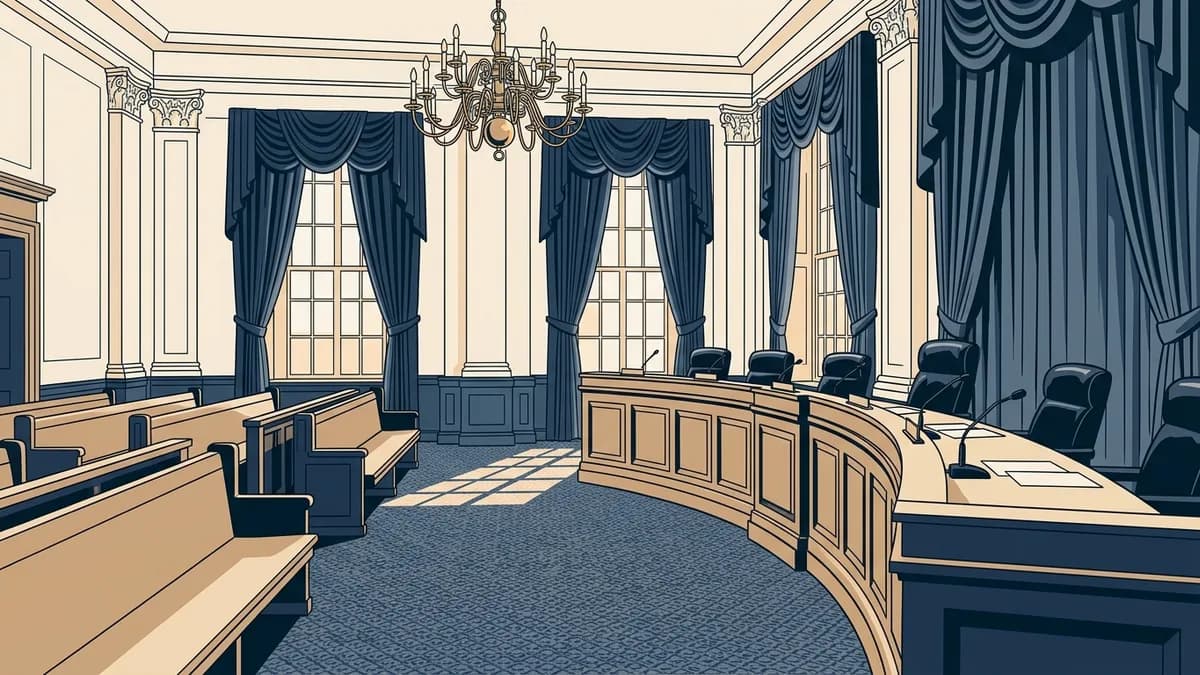 An empty legislative committee hearing room with wooden chairs and a raised dais, the kind of room where Georgia's licensing transfer was debated.