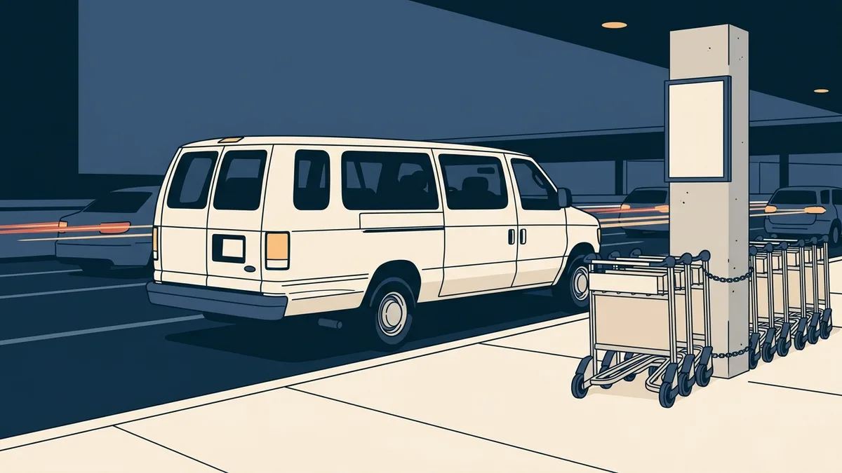 An airport arrivals curb at dusk with an empty passenger van idling beside a row of luggage carts.