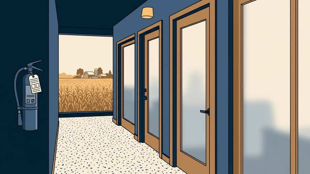 A small outpatient addiction treatment office in an Indiana town, with a hallway of counseling rooms and a fire extinguisher inspection tag.