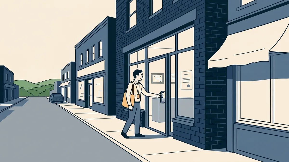 A state surveyor arriving unannounced at the glass front door of an outpatient treatment clinic on a small-town Kentucky main street.