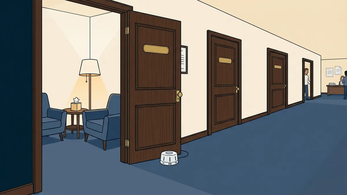 A corridor of counseling offices at a treatment program, each door with a blank brass nameplate and one door open to a room with two armchairs.