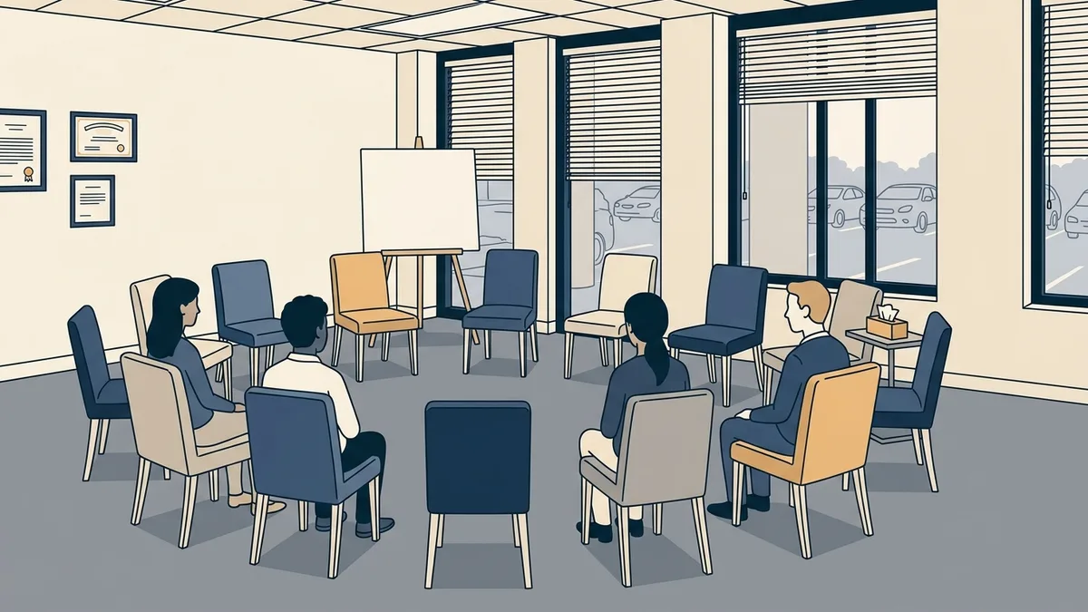 An empty intensive outpatient group room with chairs arranged in a circle and a weekly schedule board on the wall.
