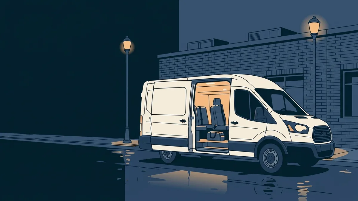 A white mobile crisis response van parked at dusk outside a community behavioral health building, its interior light on and side door open.