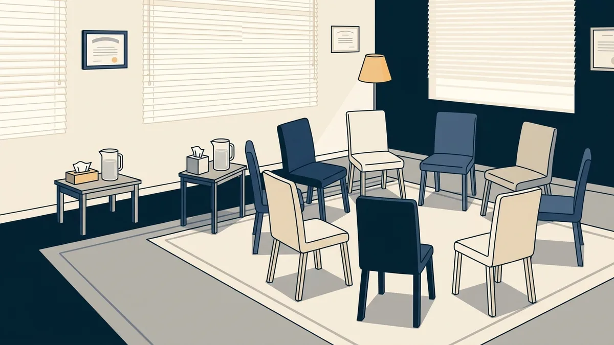 A group counseling room at an opioid treatment program set up before a session, with eight chairs in a circle and a box of tissues on a side table.