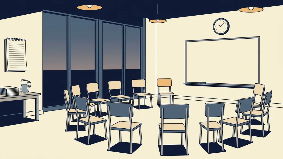 An intensive outpatient group room in the evening with chairs in a horseshoe, a wiped-clean whiteboard and a wall clock.
