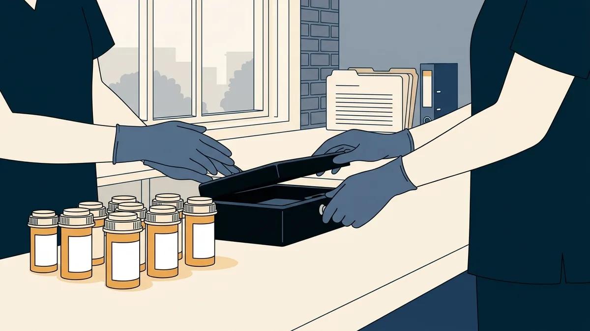 Child-resistant take-home medication bottles lined up beside a small lockbox on a clinic dispensing counter, with a nurse's gloved hands closing the lid.