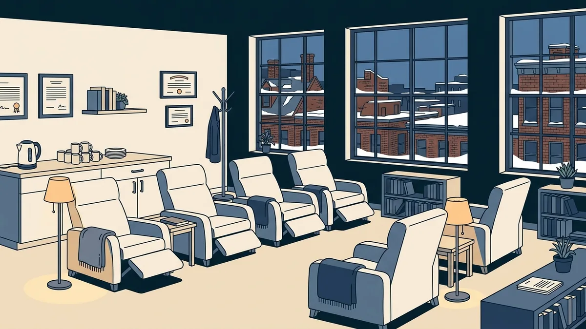 The lounge of a newly finished crisis stabilization center in upstate New York, with recliners and a view of snow outside.