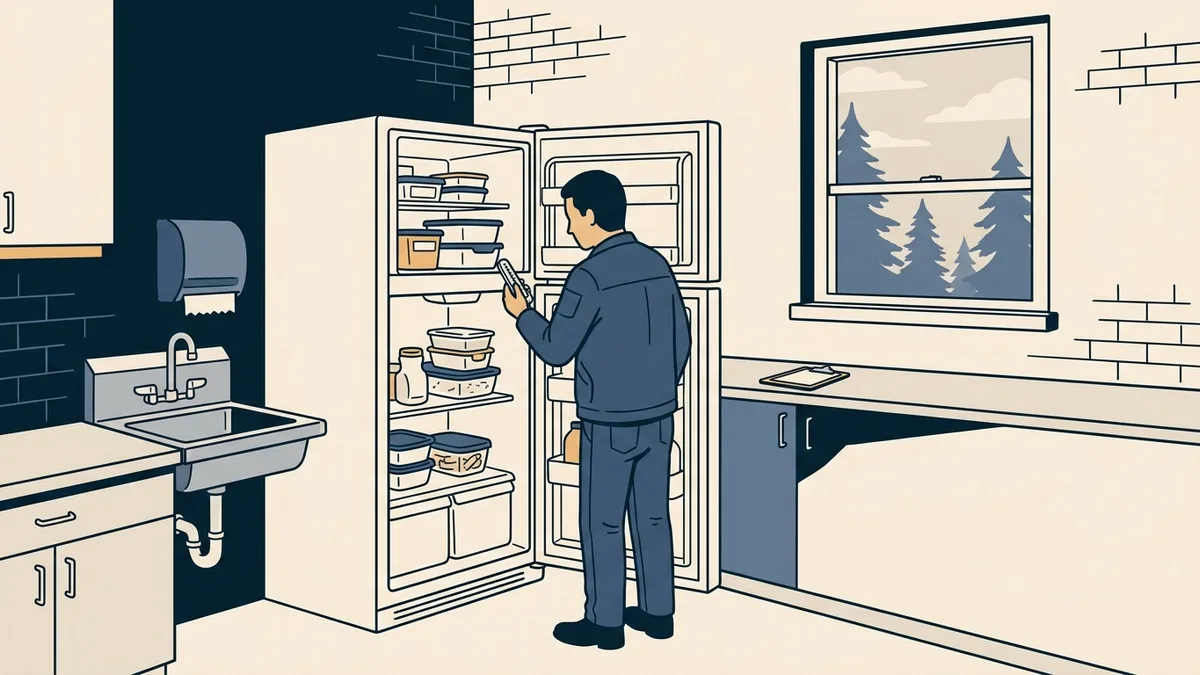 A state sanitation inspector checking a refrigerator thermometer in the kitchen of a small residential treatment facility in North Carolina.