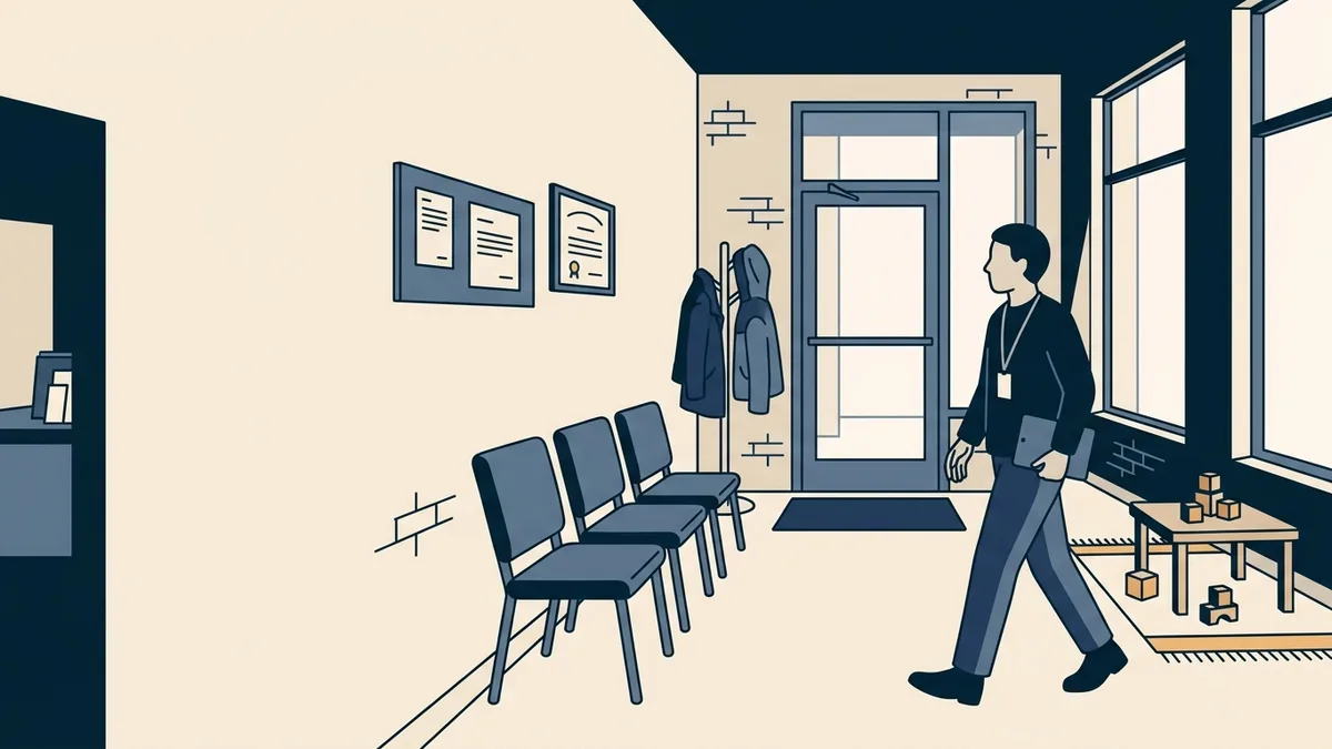 An accreditation surveyor walking through a community mental health center lobby in Ohio during an on-site survey.