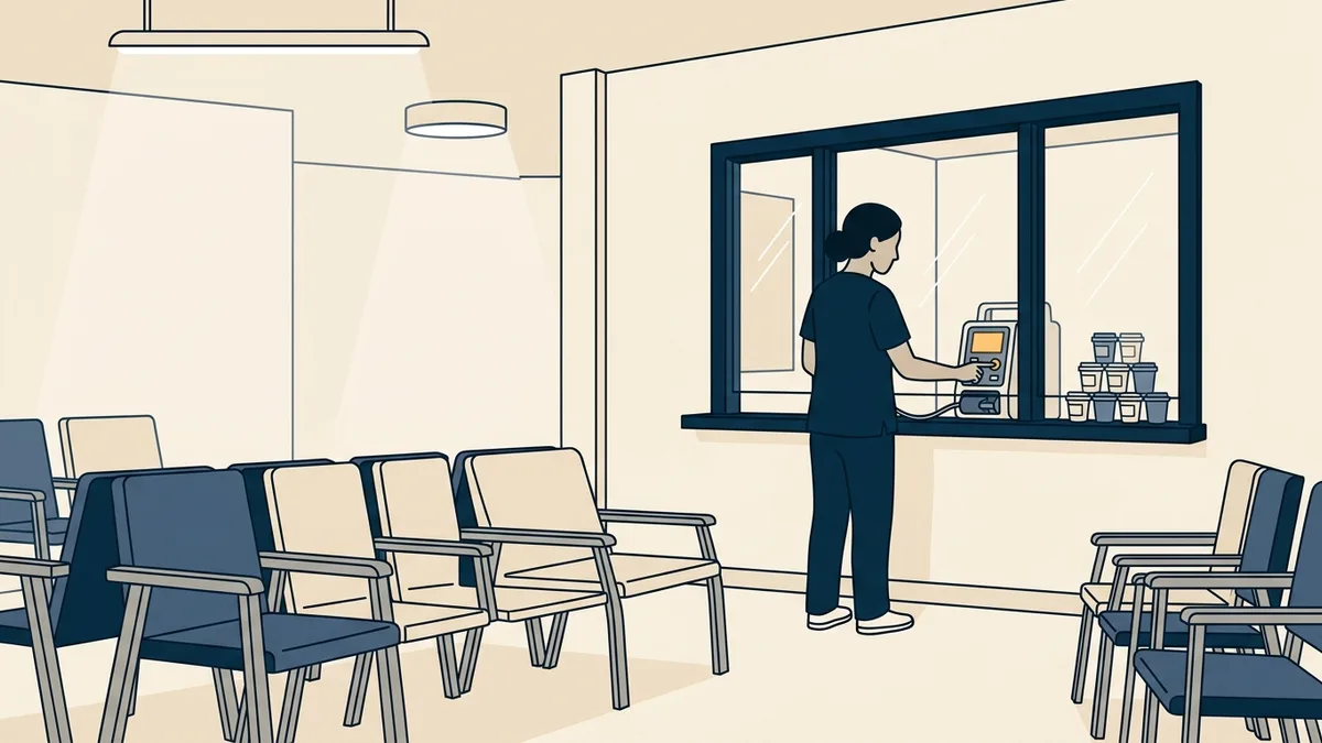 A nurse preparing the dispensing station behind a glass dosing window at an opioid treatment program before opening, with empty waiting chairs in front.