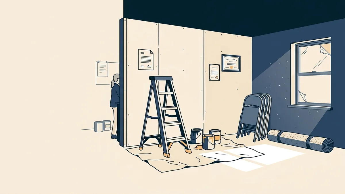 A newly leased clinic suite mid-renovation, with fresh drywall, stacked folding chairs, a stepladder and paint cans in what will be a group room.