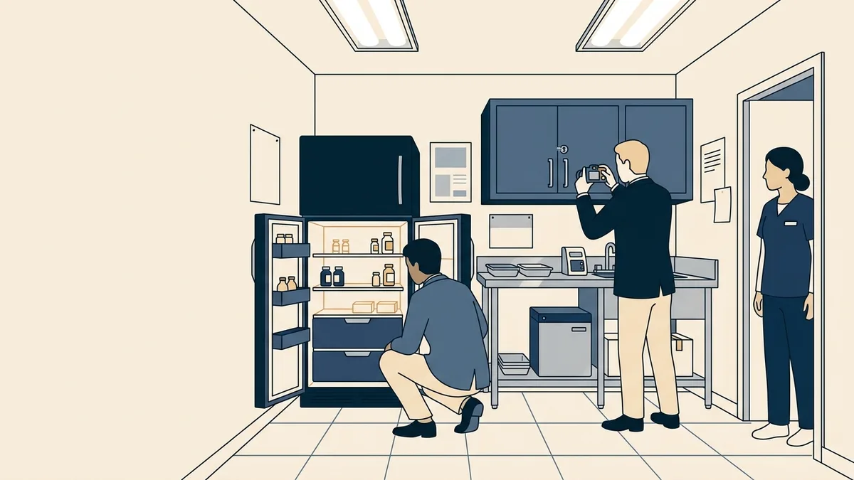 Two accreditation surveyors inspecting the medication room of an outpatient treatment clinic, one at the medication refrigerator and one at a locked cabinet.