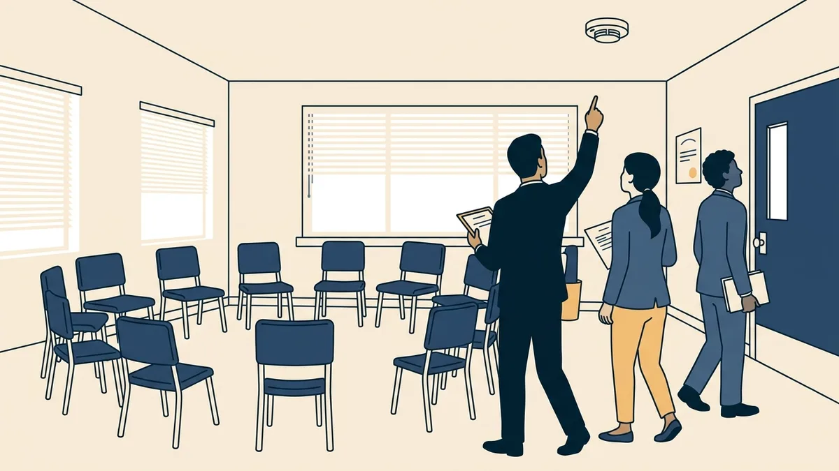 A three-person survey team walking through a group counseling room at an addiction treatment clinic, one surveyor pointing at a ceiling smoke detector.