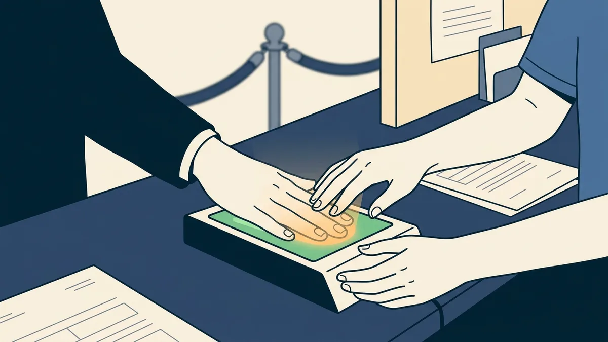 A business owner's hand pressed on the glowing glass of a digital fingerprint scanner at a background check office.
