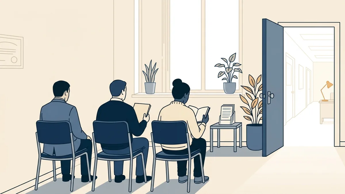 A quiet opioid treatment program waiting area at mid-morning, a few adults seated apart and seen from behind, with the door to the counseling wing open.