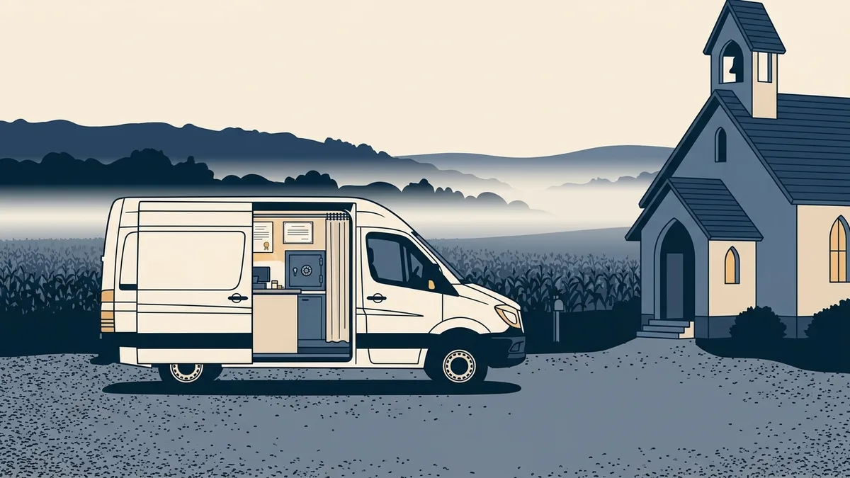 A white mobile medication unit van parked in a rural church parking lot at dawn, its side door open to show a small dispensing counter and a mounted safe.
