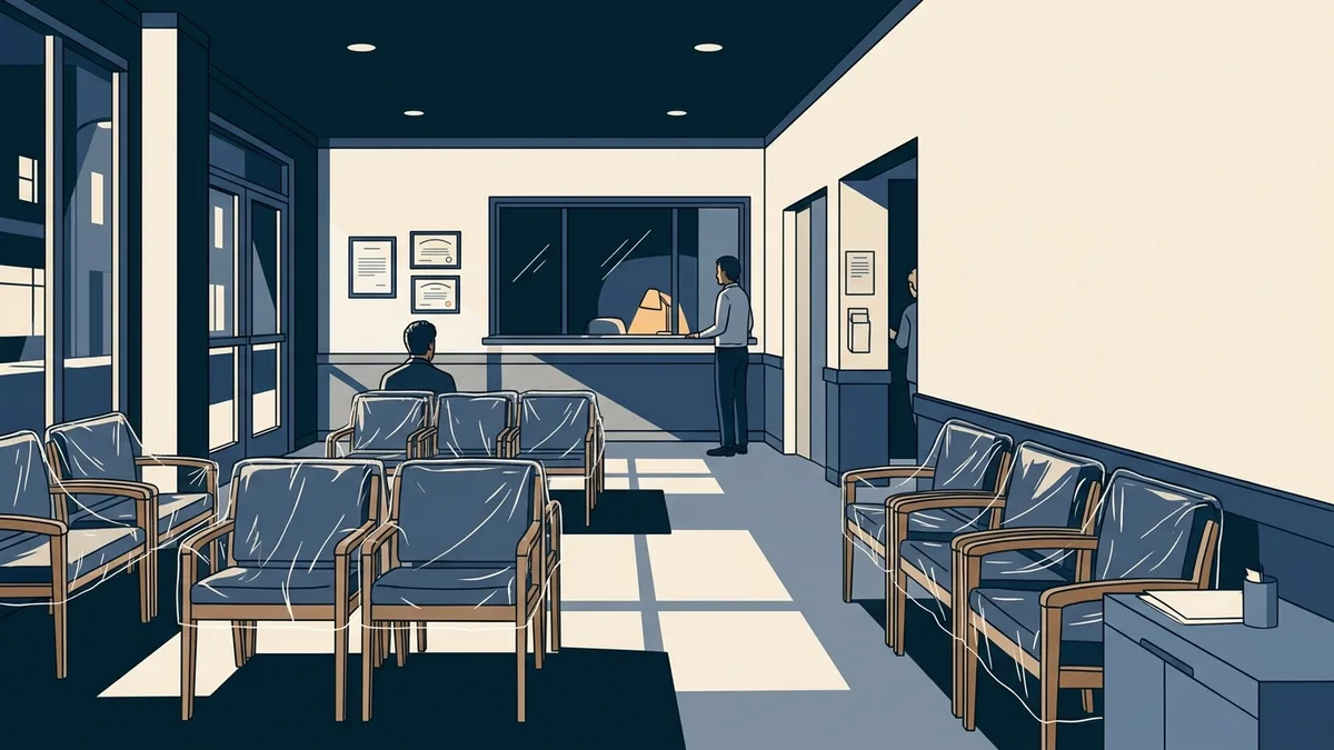 A newly finished opioid treatment program lobby the night before opening, with plastic still on the waiting chairs and one lamp lit at the nurses' station.