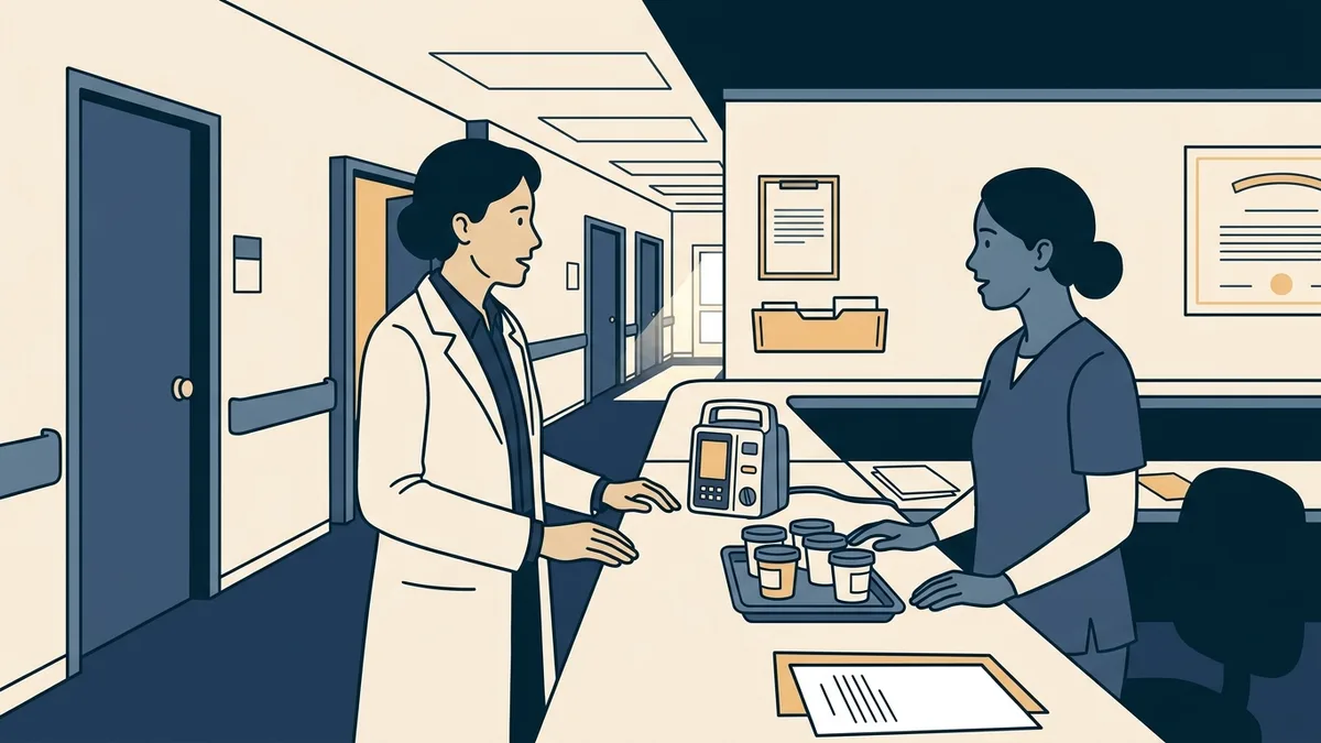 A medical director and a nurse practitioner talking at the nurses' station of an opioid treatment program, with a dosing pump and capped medication cups between them.