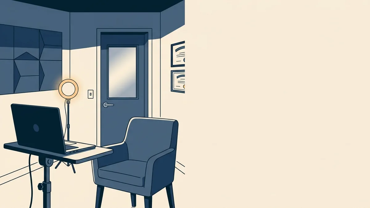 A small private telehealth room inside a clinic with a laptop on a stand facing an empty chair, a ring light and a closed door.
