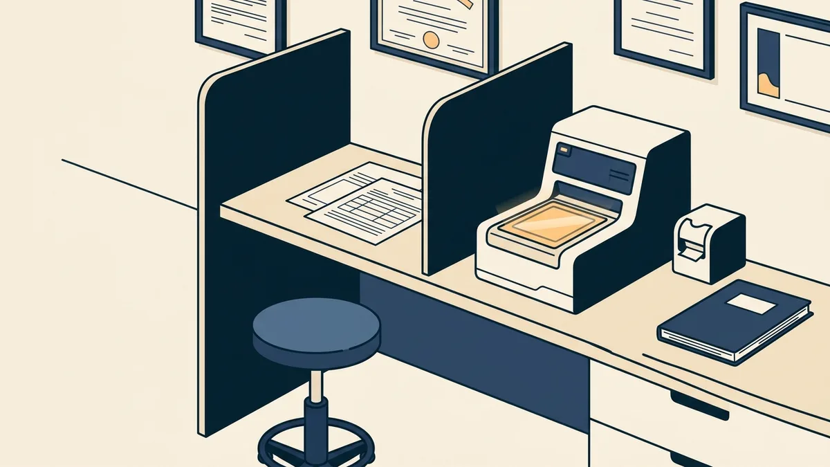A digital fingerprint scanner on the counter of a public fingerprinting service office, with a privacy partition and a stool.