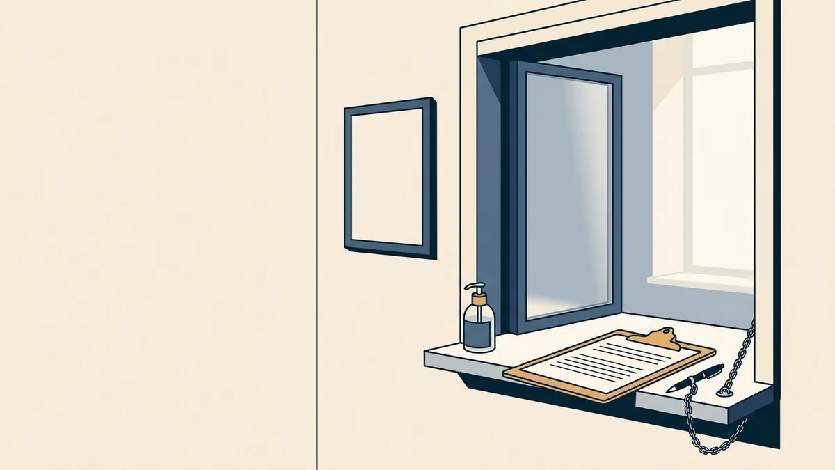 A clinic intake window with a clipboard and pen on the ledge and a blank framed notice mounted on the wall beside it.