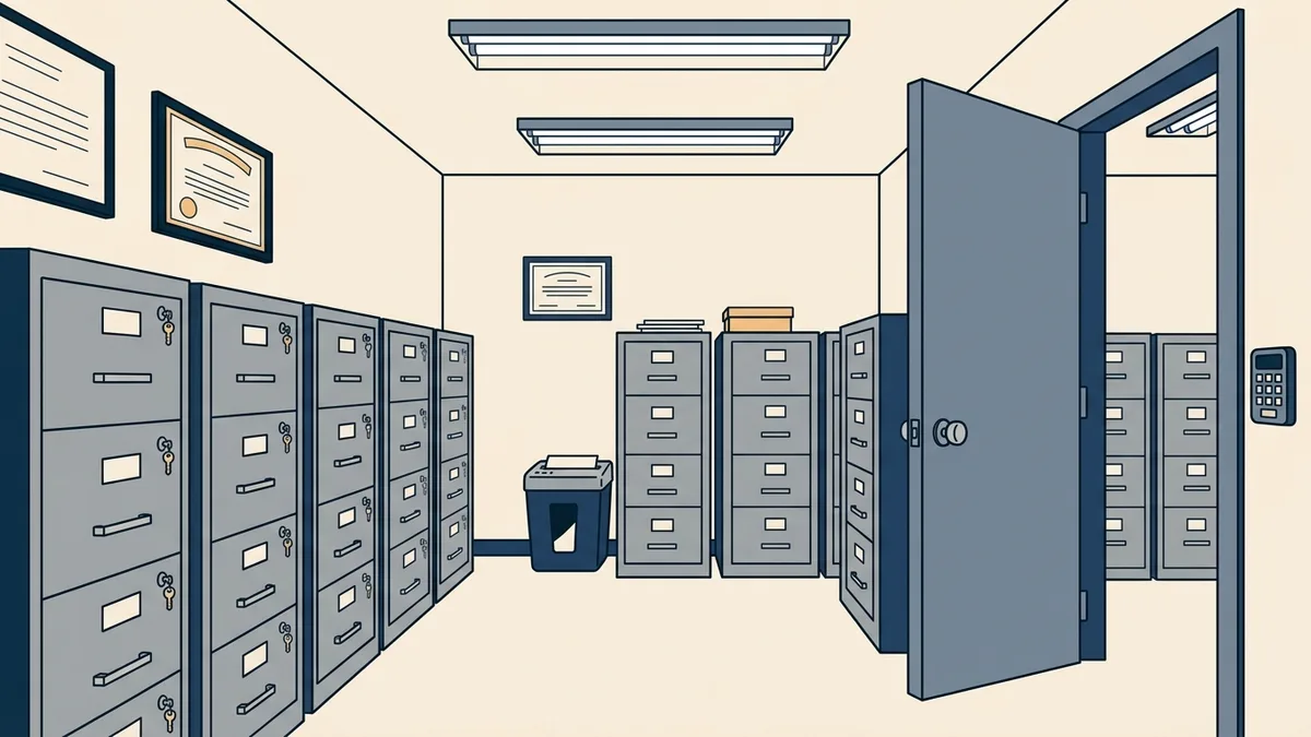 A locked records room at a treatment program with gray file cabinets and a keypad lock beside the steel door.