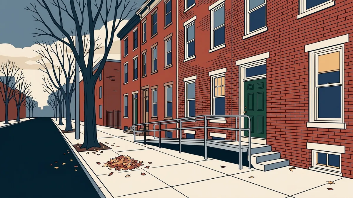 A brick rowhouse in Pennsylvania converted into an outpatient drug and alcohol treatment facility, with a ramp and a freshly painted front door.