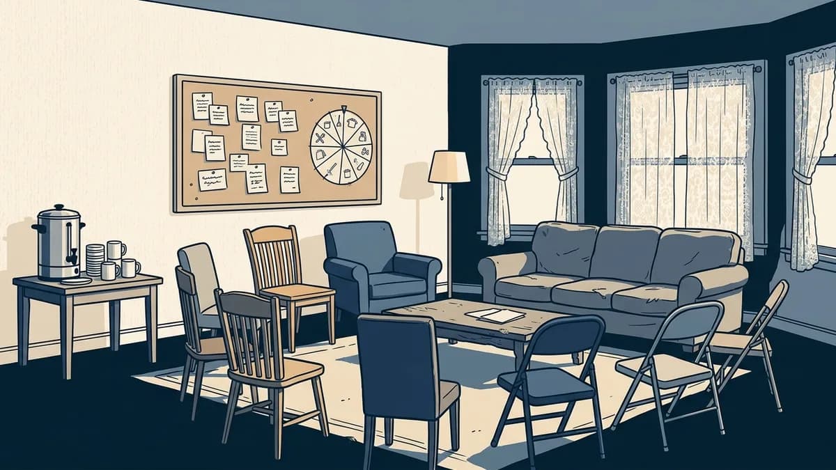 The living room of a recovery residence with a house meeting board, a chore wheel and a circle of mismatched chairs.